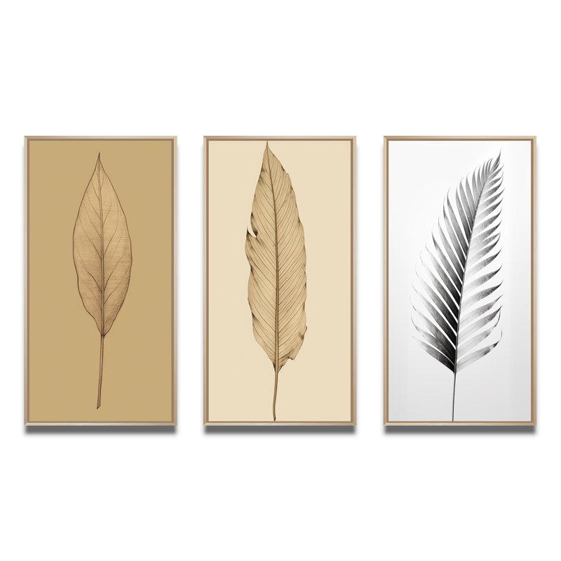 «Minimal Botanicals, feuille simple sur beige II», 3 pièces, H 28 po x l 36 po, Cadre naturel flottant