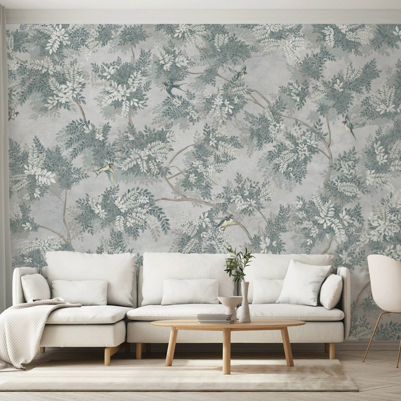 Verdant Canopy With Songbirds Botanical Wallpaper Mural, 110.04" L x 204" W, Green