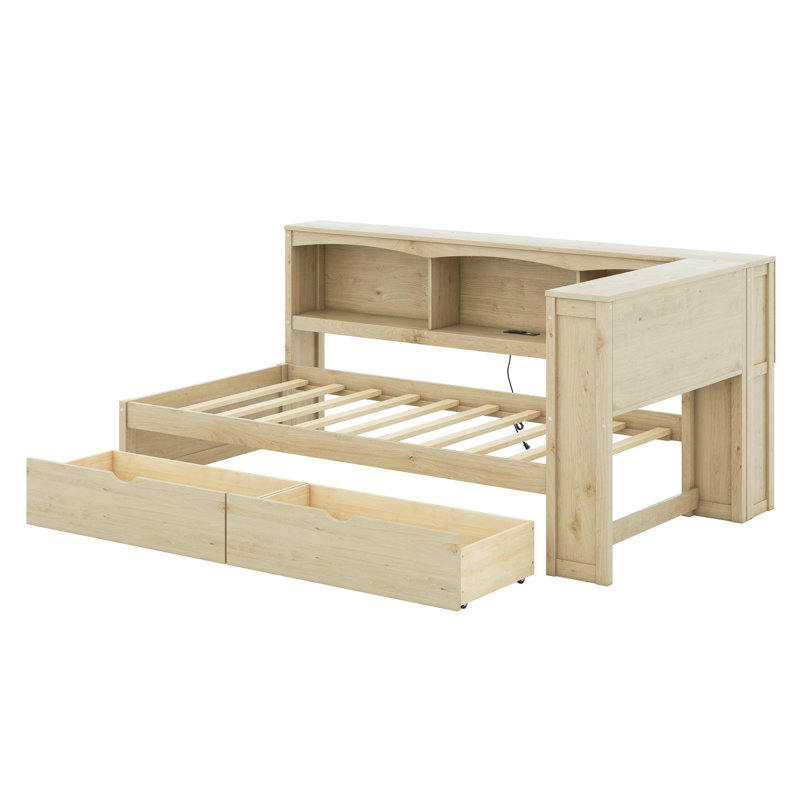 Daybed With Two Storage Drawers, Storage Cabinets And USB Ports, Natural