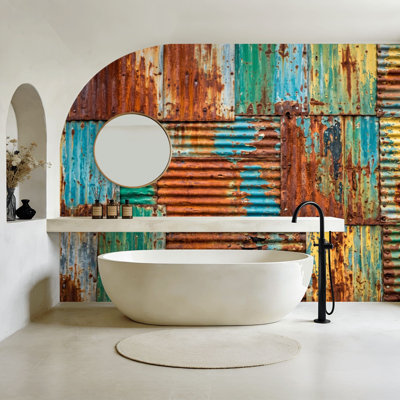 [style] Peel and Stick Wallpaper Rustic Corrugated Metal Panels Multicolor Patina Weathered Wall Murals 100"H x 144"W Removable PVC Wall Paper Self-Adhesive Wall Decor for Bedroom Living Room Home Office