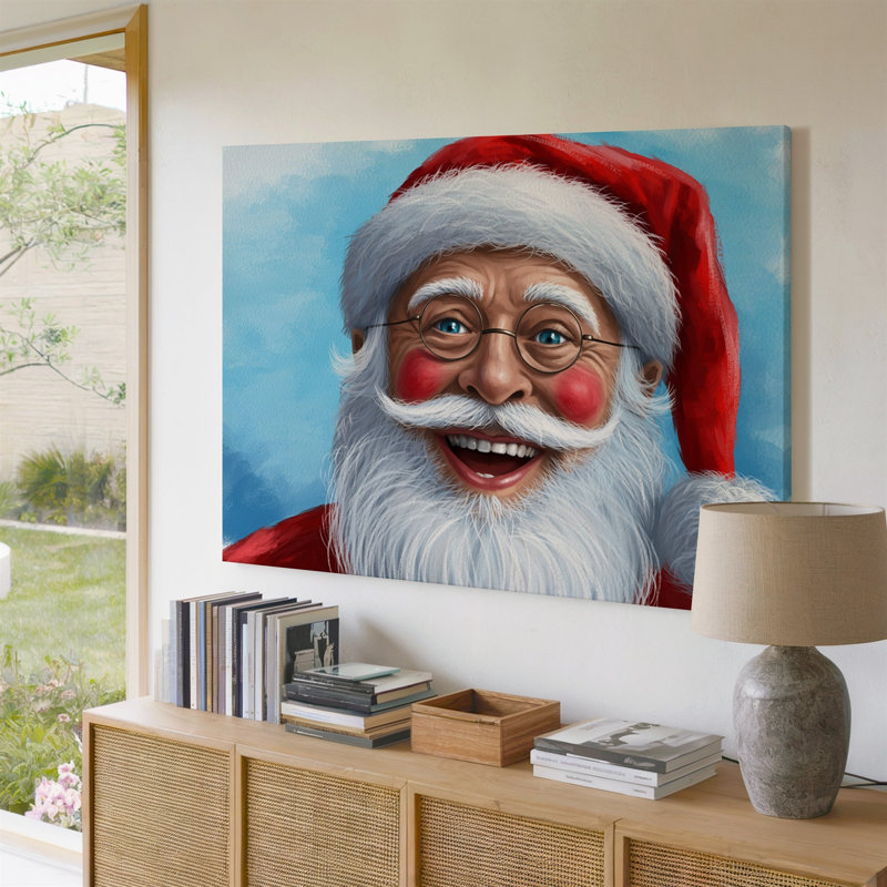 Toile «Un homme âgé joyeux avec une épaisse barbe blanche et art mural rouge vif portant un chapeau de père Noël rouge classique»