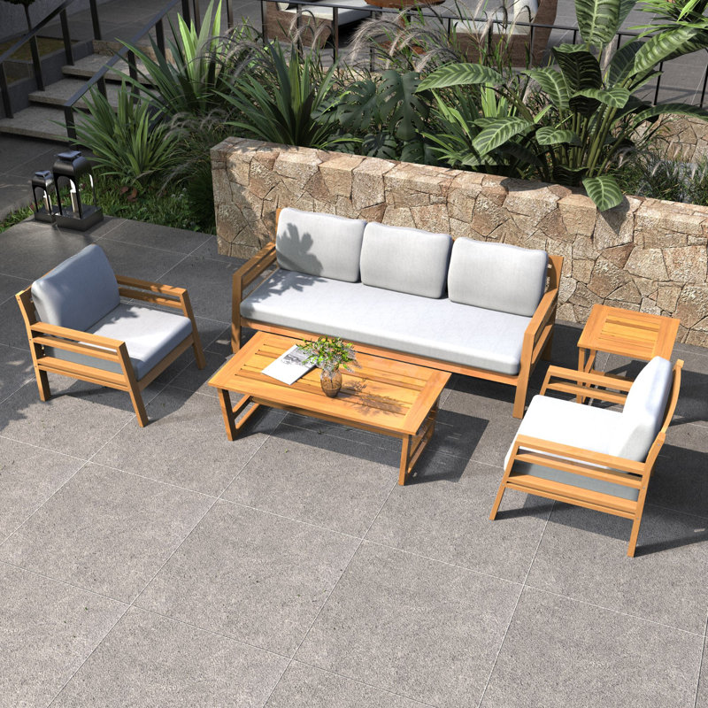 5-Piece Acacia Wood Modular Outdoor Sofa Set,  5 Pcs: 2 Tables, Sofa, 2 Chairs