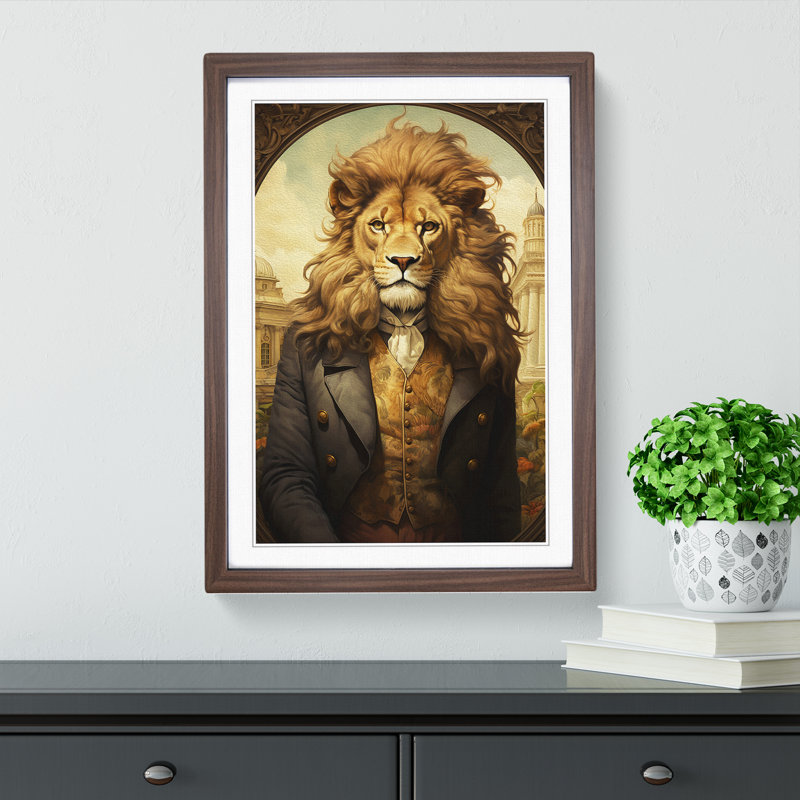 Lion Victorian - Single Picture Frame Print on Wood, 64cm H x 46cm W x 2cm D, Walnut