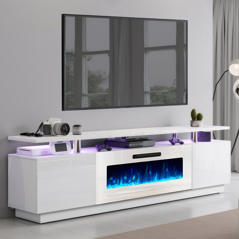 Meuble télé Bhhatu de 80 po de haut avec foyer électrique de 80 po, blanc brillant, Entièrement blanche, 80"