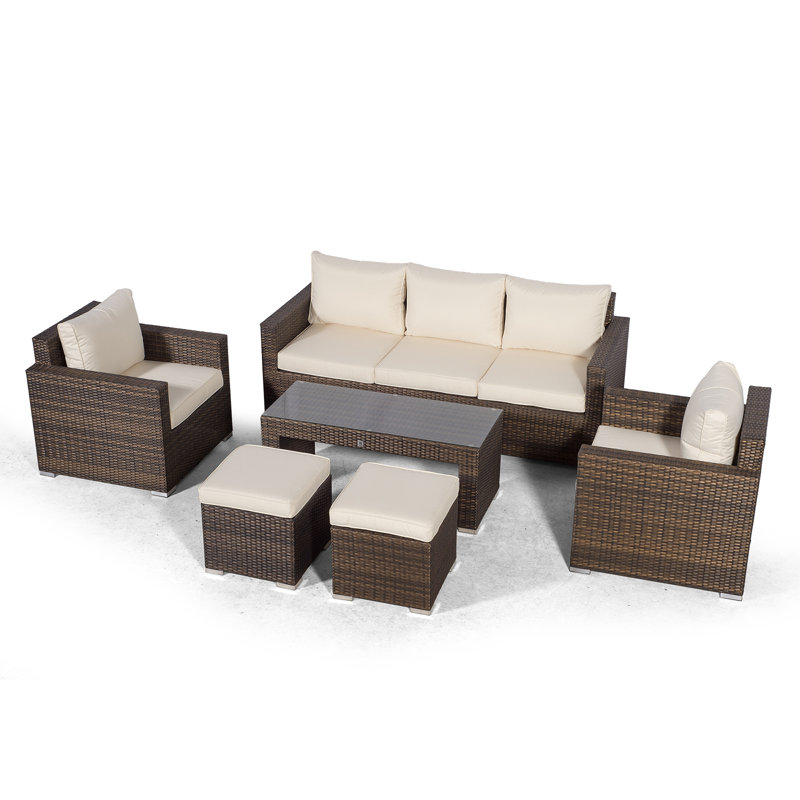 Villatoro Brown Rattan 3 Seat Sofa + 2 X Armchairs & 2 Stool Coffee Table, Outdoor Patio Garden Furniture