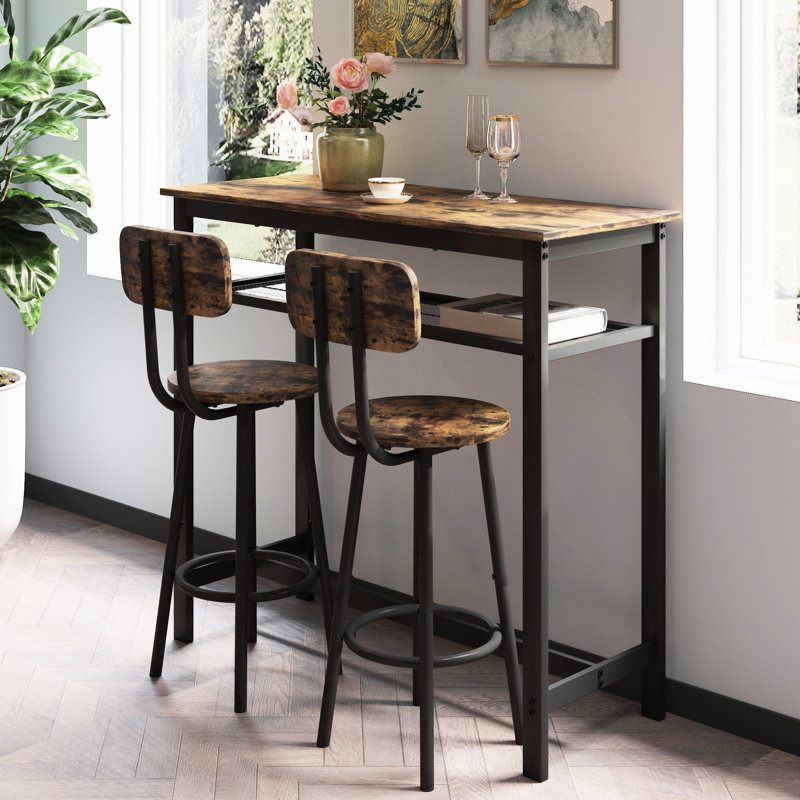 Ensemble de table haute de bar brun rustique et 2 tabourets. En fer. Structure robuste et stable. Pieds antidérapants. Tabourets pliables pour gagner de la place. Métal effet bois tendance.