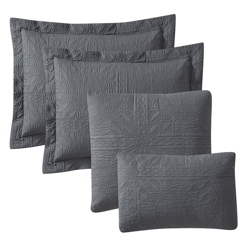 Grid Weave Premium Microfiber Reversible Quilt Set, King Quilt + 4 Shams, Charcoal Gray