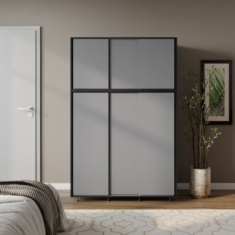 2 Sliding Doors Wardrobe 2 Drawer Bedroom Clothes Hanging Rail Grey Carcass with Black Doors Storage Cupboard, Black/Gray