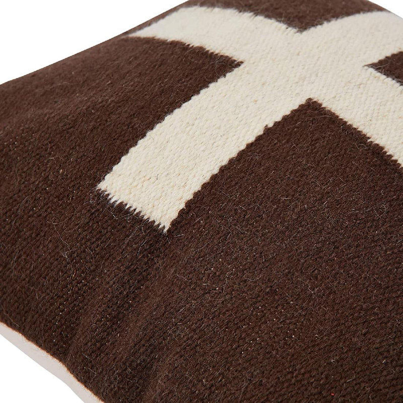 Swiss Cross Cotton Wool Throw Pillow, Brown/Cream