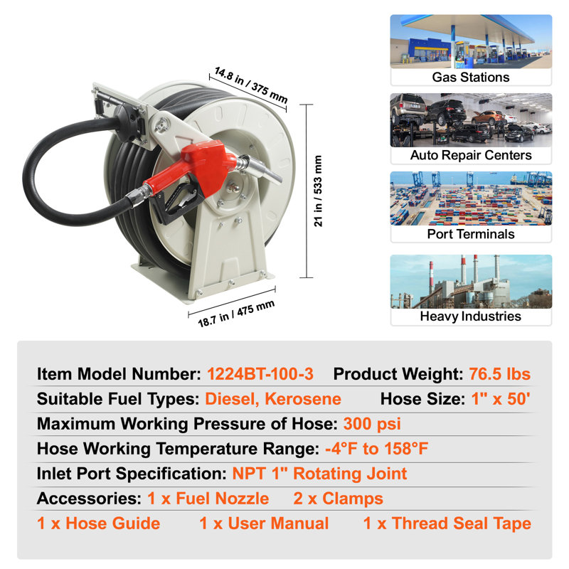 Fuel Hose Reel, 1" x 50', 300 PSI, Extra Long Retractable Diesel Hose Reel, Heavy-Duty Carbon Steel Construction with Automatic Fuel Nozzle, NBR Rubber Hose for Aircraft Ship Vehicle Tank Truck