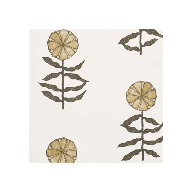 Wallpaper featuring a minimalist botanical pattern of stylized gold flowers with dark gray stems and leaves on a cream background.