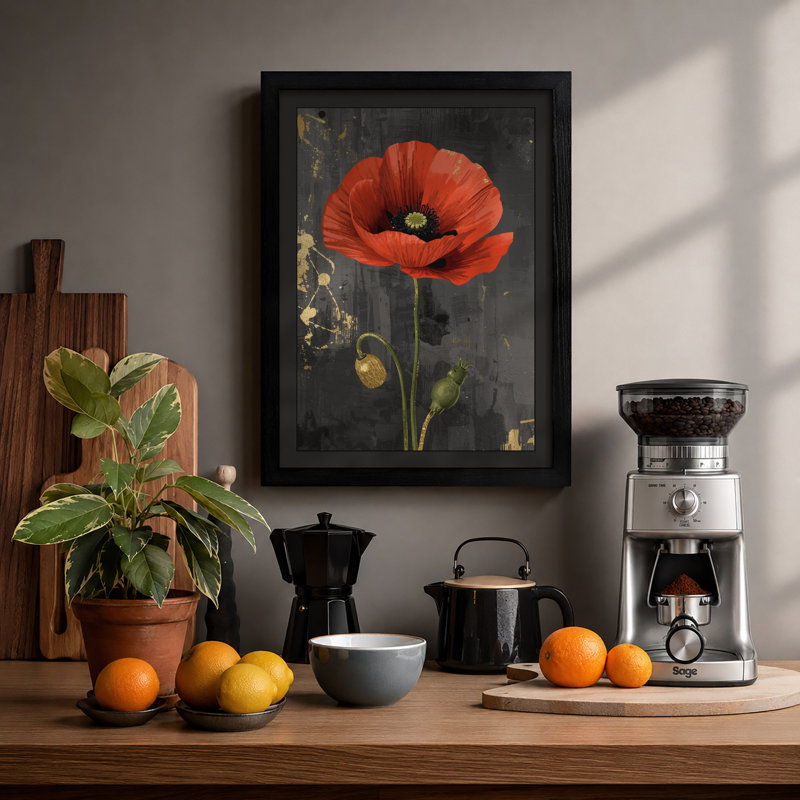 Red Poppy Botanical - Framed Print, Black, A3 - 42.0 x 29.7 cm