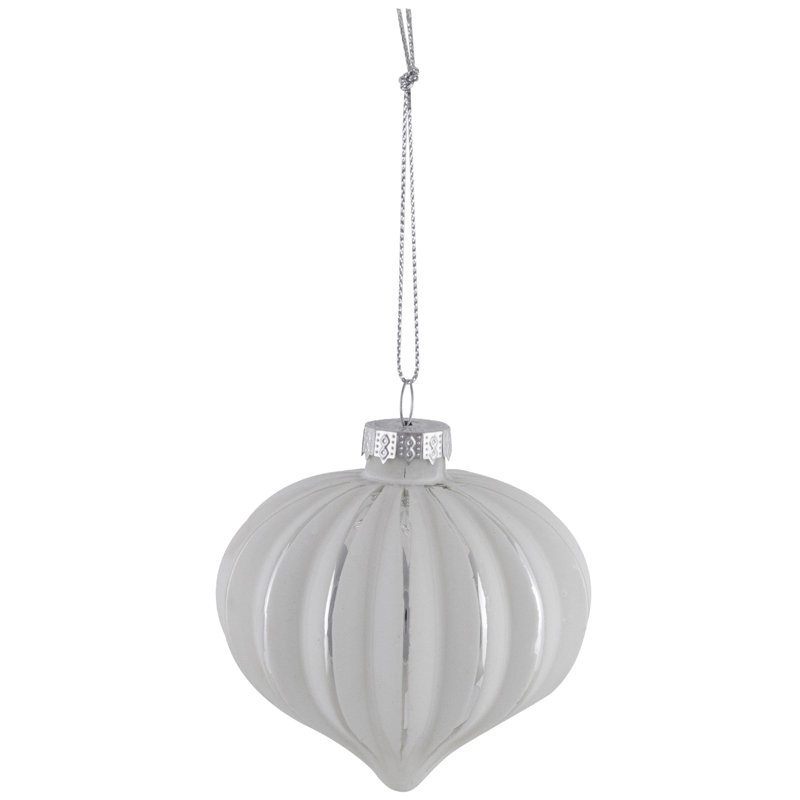 Striped Ball And Onion Glass Christmas Ornaments - 3" (80Mm) - White And Silver - 4Ct