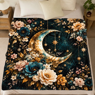 Couverture en peluche imprimée de fleurs et de lune céleste (1 pièce) – Une face ; design artistique, douceur et chaleur ; lavable à la machine ; idéale pour le salon, le divan ou la chambre à coucher ; parfaite pour une détente et un sommeil réparateurs ; une superbe idée cadeau.