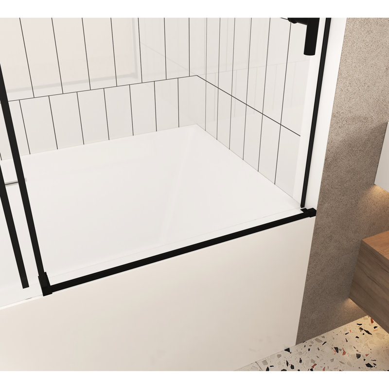 Porte de douche avec verre trempé transparent de 1/4 po de 6 mm, film à l'épreuve, poignée en acier inoxydable noir mat, l 56 à 60 po x H, fonctionnement silencieux et efficace pour un mouvement silencieux en douceur dans la salle de bain