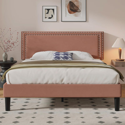 Lit plateforme tapissier en velours pleine grandeur avec tête de lit réglable, cadre de lit moderne avec lattes de bois, aucun sommier tapissier requis
