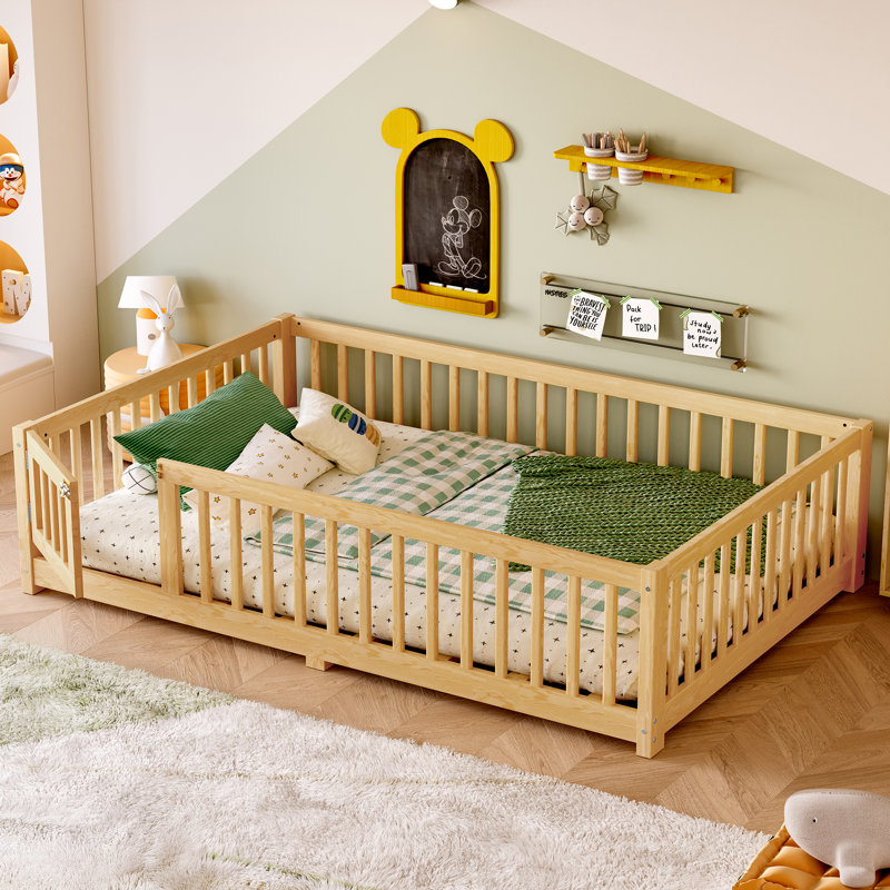 Floor Platform Bed with Fence, Natural, Full