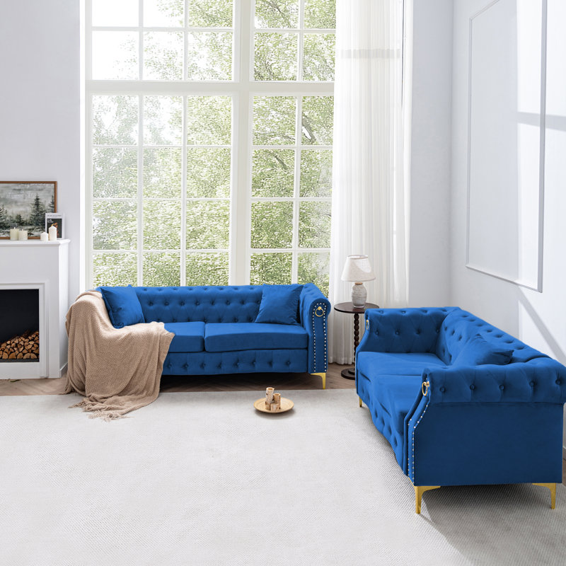 Ensemble de canapé rétro en velours Chesterfield pour le salon, Bleu
