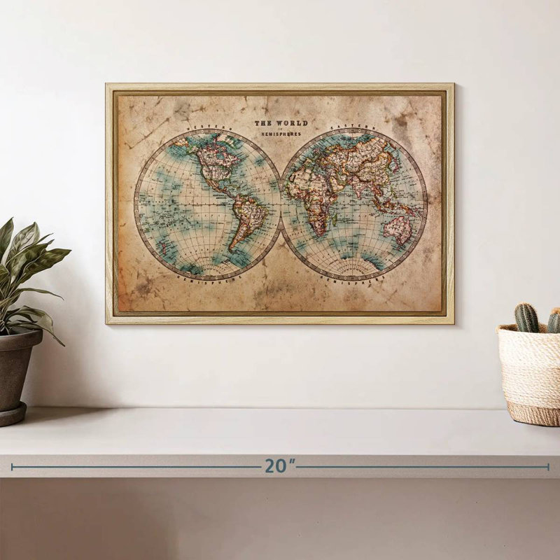 Hemisphere Map, 13" X 9", Floating Frame Natural Wood