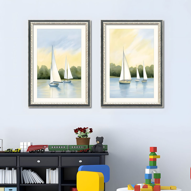 Ensemble de 2 art mural encadré de voilier - Impressions sur toile remplaçables avec cadres en bois massif, décoration murale nautique pour le salon et la chambre à coucher 20 po x 28 po