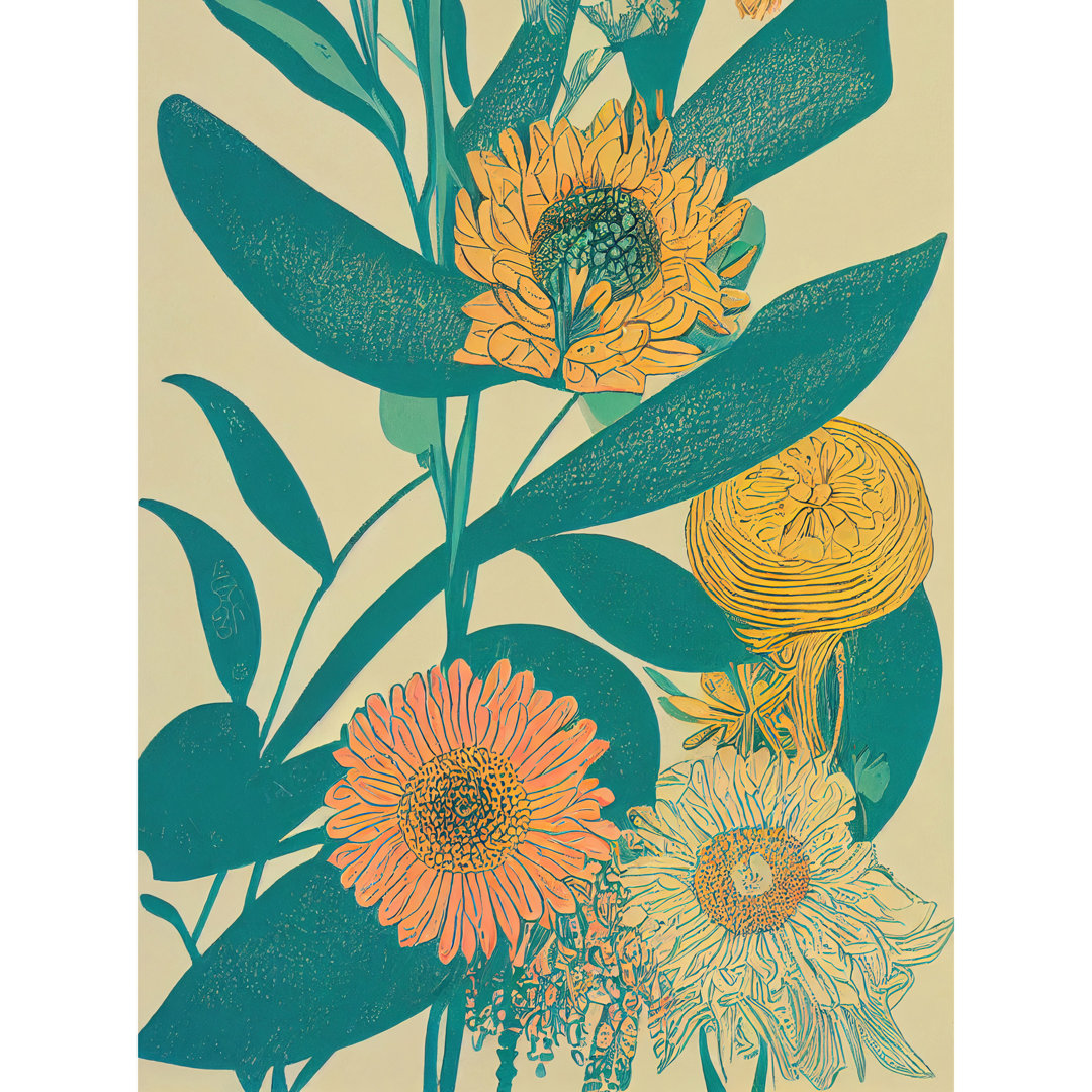 Marigold Daisy Flowers Turquoise Leaves Abstract - Print