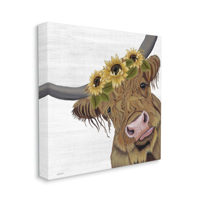 " Cute Highland Cattle Sunflower Crown " by Ashley Justice Painting Print