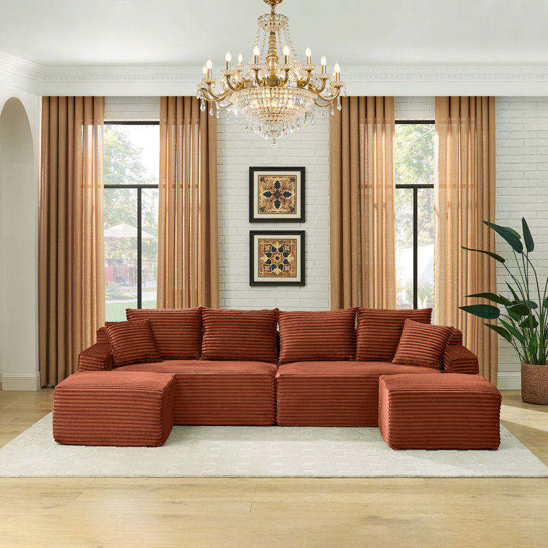 115" Wide Modular Compression Corduroy Sectional No Assembly, Orange