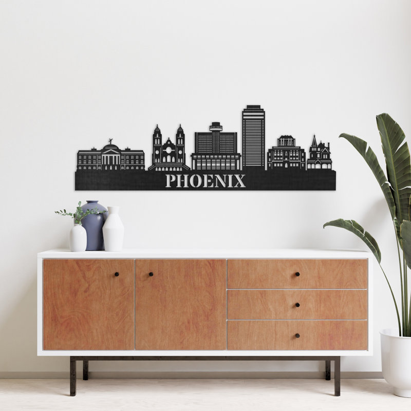Décoration murale en bois Phoenix City Skyline, H 14 po x l 46 po x P 0,25 po, Naturel