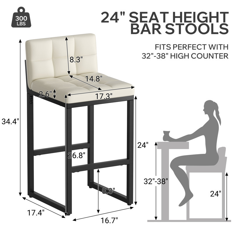 Sturdy Modern Low-Back Counter Height Bar Stools with Metal Frame and Faux Leather Upholstery, White