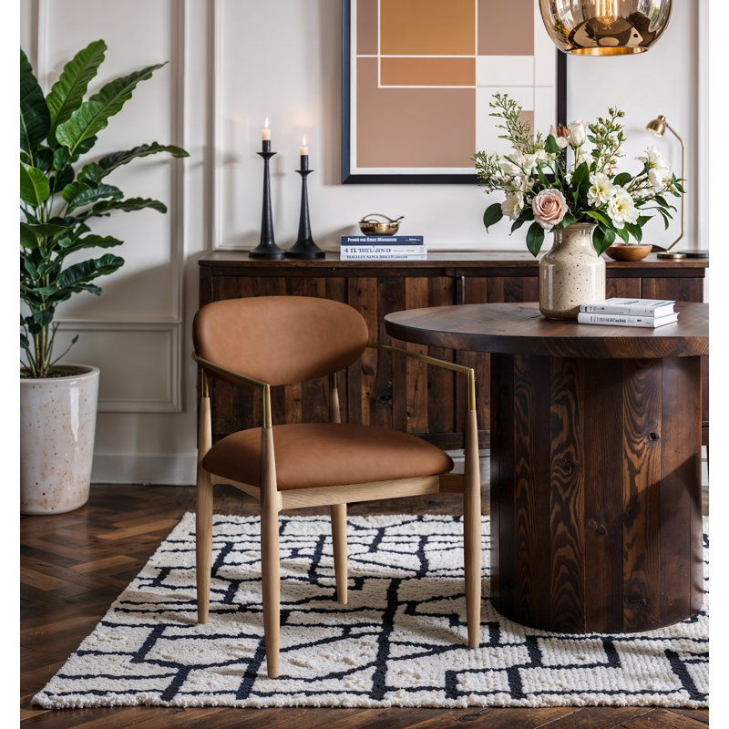 Eligah Vegan Leather Upholstered Dining Arm Chair, Stained Natural / Brushed Brass, Cognac Vegan Leather