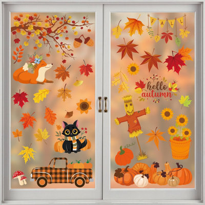 Décorations d'automne pour la maison - Adhésifs de fenêtre statiques réutilisables pour le verre - Feuilles d'automne fleur de citrouille autocollants pour l'extérieur du bureau extérieur | Décorations d'automne pour les cadeaux de l'Action de grâce de l'Action de grâce