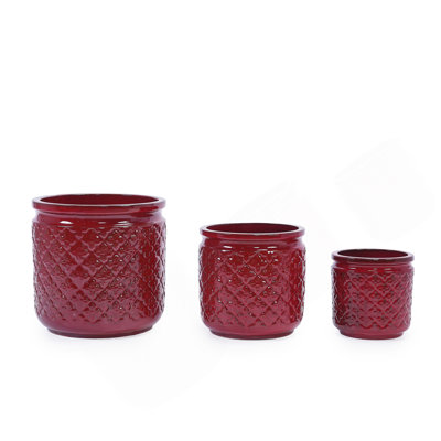 Ensemble de pots à fleurs en céramique fait à la main de 3, 15/12/9 pouces de diamètre, motif à losanges bourgogne, pour orchidées et plantes d'intérieur, pour fenêtre et bibliothèque, argile respirante
