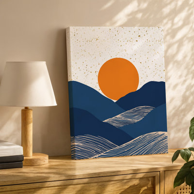 Toile, "Un paysage serein avec un grand soleil orange vif", art mural derrière Rolling Hills, diffusant une lueur chaleureuse