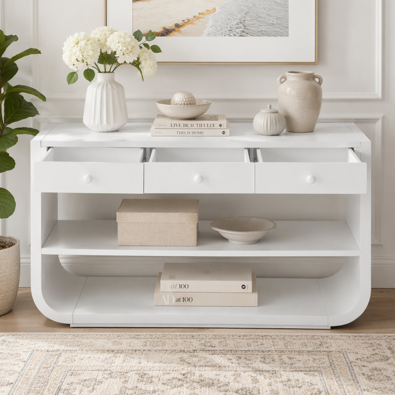 Console moderne avec 3 tiroirs à fermeture en douceur et 2 tablettes ouvertes, Blanc