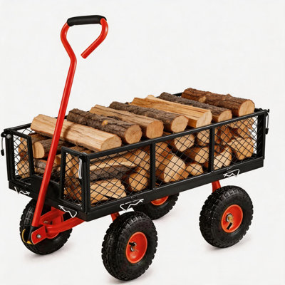 Chariot utilitaire de jardin robuste en acier Q235 avec côtés en filet amovibles, poignée verrouillable réglable et pneus tout-terrain, charge de 900 lb pour le sol de la cour, le bois de chauffage et le transport d'outils