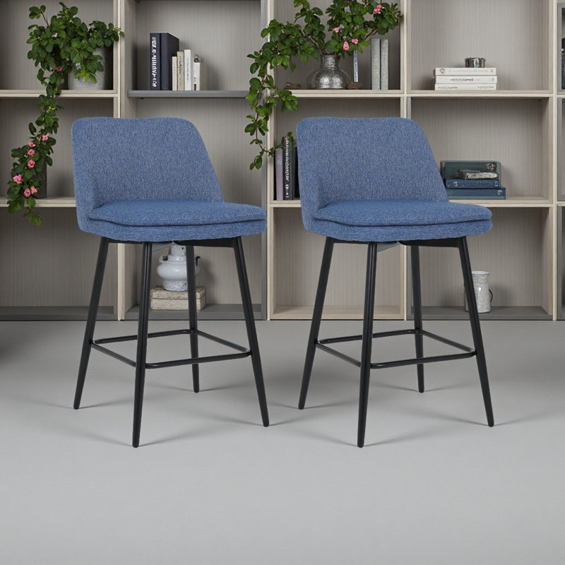 Counter Height Swivel Bar Stools Set Of 2, 360° Swivel Upholstered Barstools With Back And Metal Legs, Blue