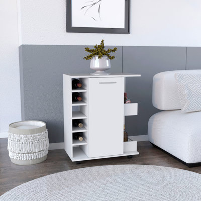 4-Wheel Bar Cart Cabinet For Kitchen Or Living Room, With 6 Side Built-In Bottle Racks, 1 Interior Shelve, 2 Side Shelves, 2 Space With Wood Door To Store Glasses, Cups, Coffee Or Snacks.