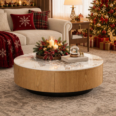 35"Modern Round Sintered Stone Coffee Table with Storage Drawer, Sintered Stone Top Cocktail Table Solid Wood Base, Stainless Steel Legs No Assembly Required