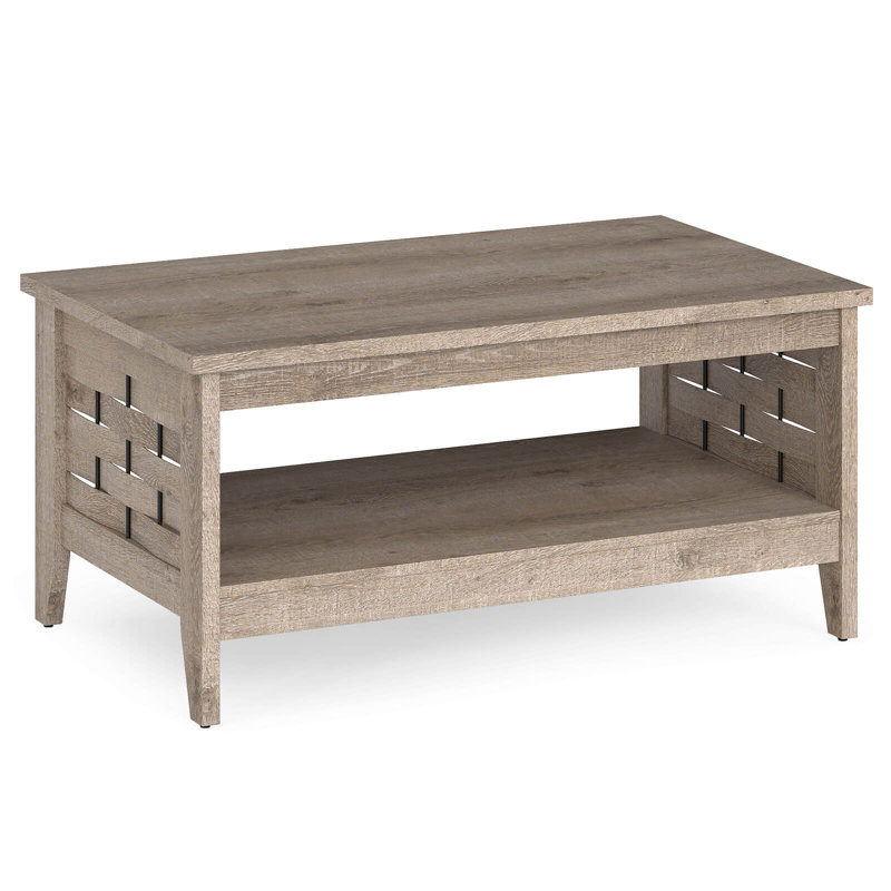 39.5” 2-Tier Coffee Table with Open Shelf Woven Decorations Storage for Living Room Rustic Oak, Rustic Oak