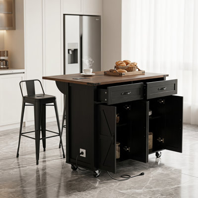 54 Inch Farmhouse Rolling Kitchen Island with Drop Leaf and Power Outlet
