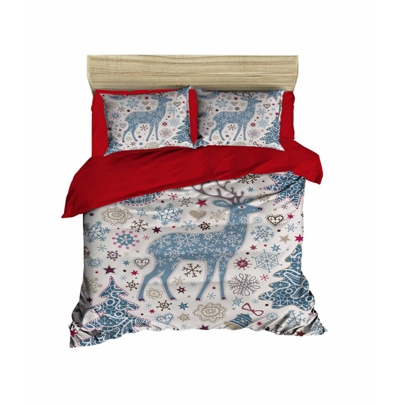 Ensemble de housse de courtepointe très grand, motif de Noël, 240 x 87,0 pouces | Tige 100% microsatine de polyester et dessous 100% coton, lavable à la machine, fermeture à glissière | Comprend 2 taies d'oreiller (50 x 31,5 pouces) | Rouge élégant, bleu et blanc