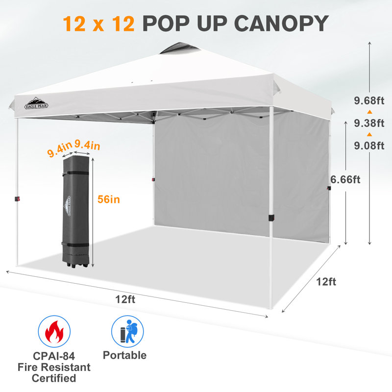 Abri escamotable extérieur 12 x 12 avec paroi latérale, abri extérieur pliant instantané, Blanc