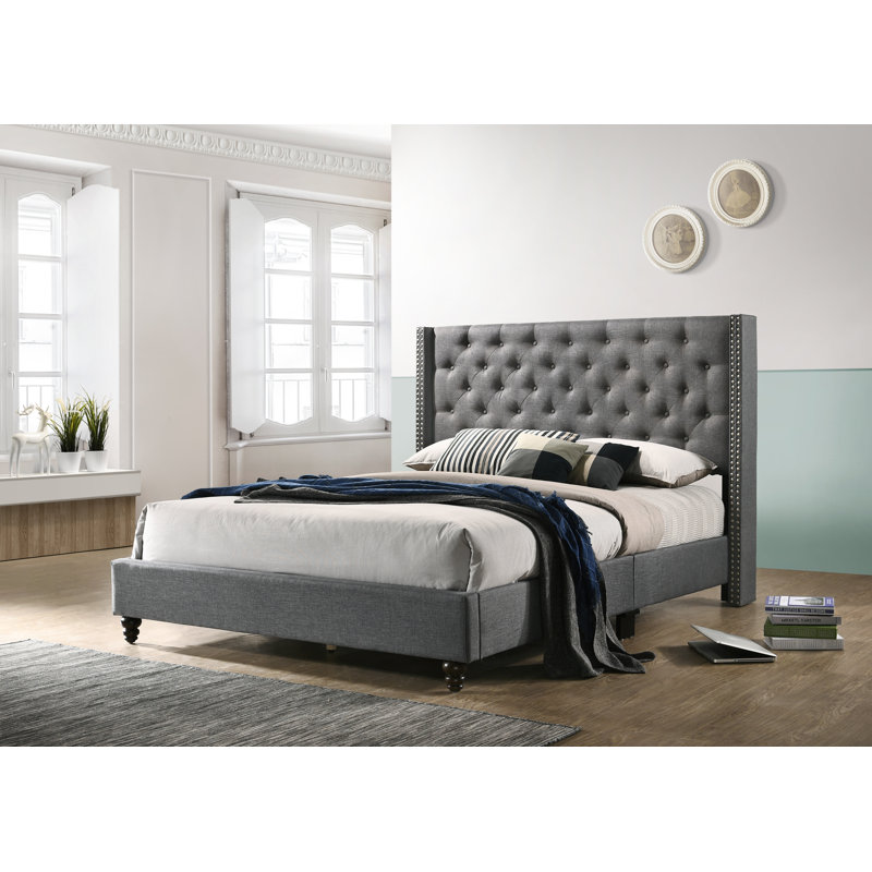 Ashe Upholstered Wingback Bed, Queen, Light Gray