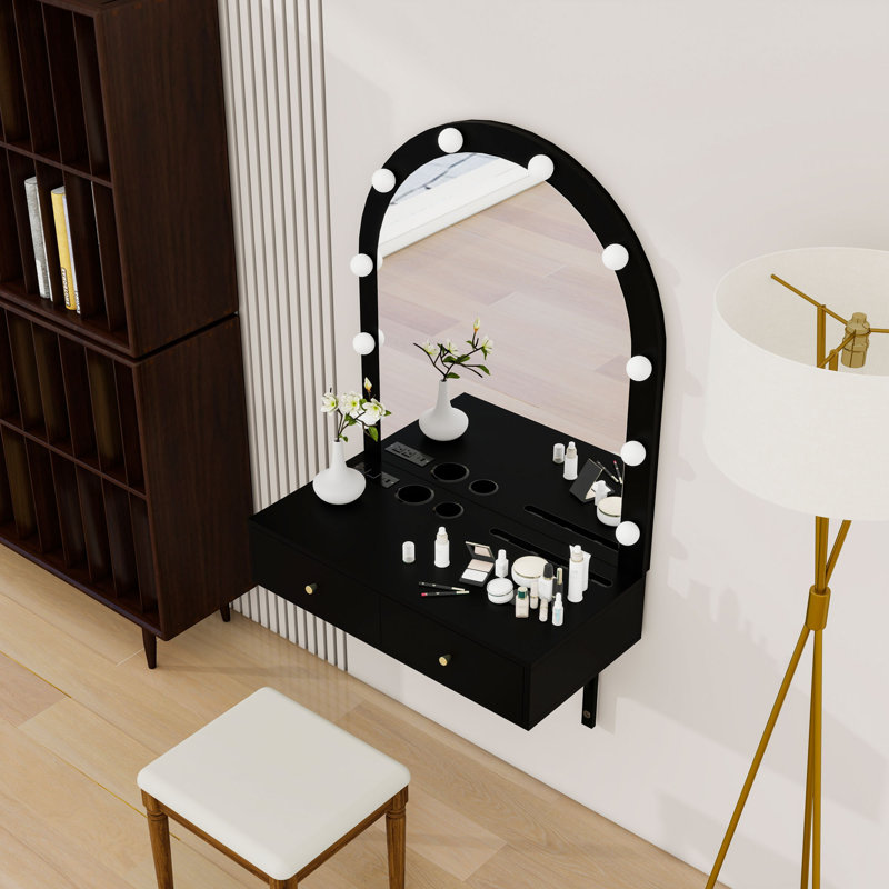 Meuble-lavabo flottant avec miroir, prise de courant et tiroirs de rangement, Noir