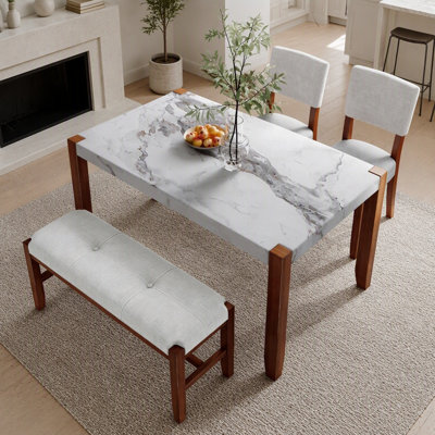 Ensemble de salle à manger 4 pièces avec table en marbre, chaises rembourrées et banc, conception peu encombrante pour les salles à manger modernes