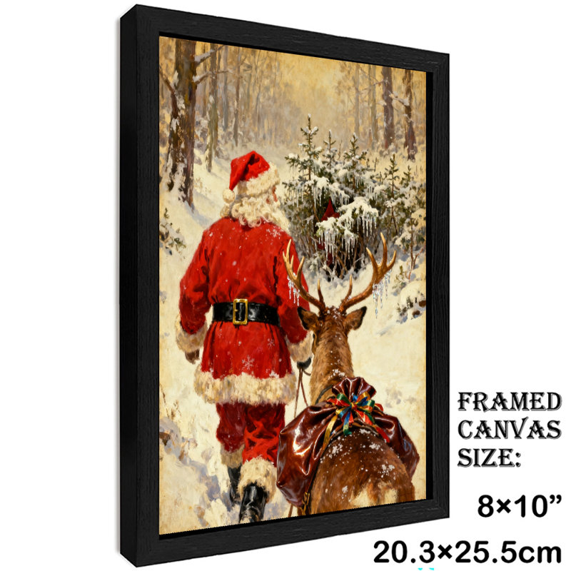 Père Noël rétro noir encadré avec art mural de style rétro, H 11 po x l 9 po