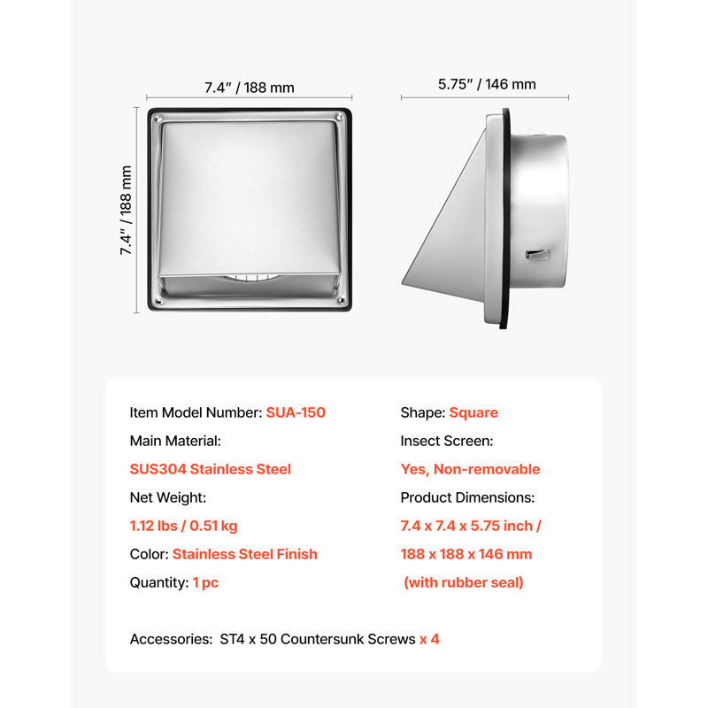 4 Inch External Extractor Wall Vent Cover Stainless Steel 1 Pack Silver, 18.8cm H x 18.8cm W x 14.6cm D