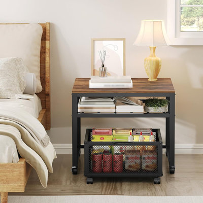 Rustic Brown And Black End Table With Wheels, Mini Fridge Cabinet And Storage Shelf, Movable Basket Cart For Kitchen Or Living Spaces