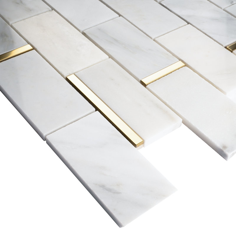 Natural Bianco 2" x 4" Marble Brick Joint Mosaic Wall Tile, Gold/White
