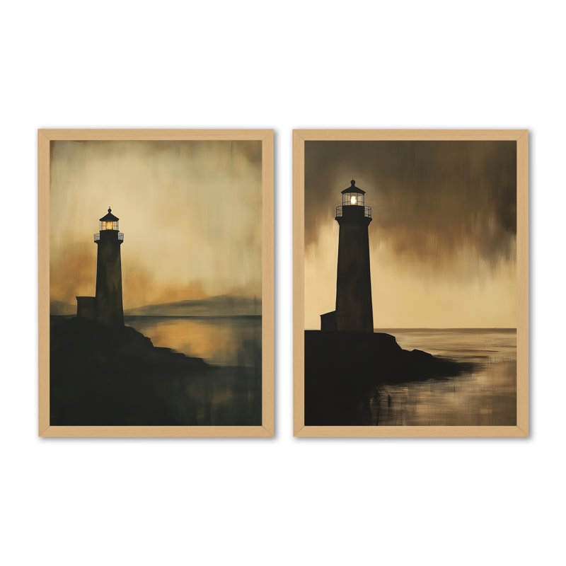 Amber Beacon Dusk I - Phares - Impression sur toile en 2 parties, 32" H x 48" W, Natural Picture Framed